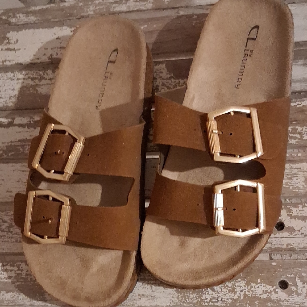 CL Laundry Brown Sandals with Gold Buckles